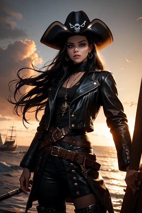 (best quality,4k,8k,highres,masterpiece:1.2),ultra-detailed,black long hair,beautiful detailed eyes,pouty lips,piercing gaze,confident expression,pirate hat with skull and crossbones,leather jacket with golden buttons,golden earrings, a see through white s...