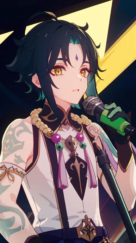 1 boy,dark green hair,highest quality,masterpiece,Excessive,male focus,yellow eyes,beautiful eyes,beautiful boy,Idol,microphone,Live performances,