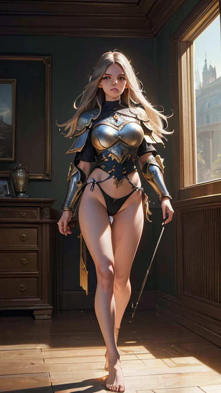 (8K, Best Quality: 1.2), (Masterpiece: 1.37), (Photo, Realism: 1.37), (Ultra High Resolution), Full Body Shot, Perfect Female Body, RAW Picture, 8K, Ultra Detailed, Walking Pose, Shot from the Front, Slow Motion, 21-Year-Old Female Paladin (Perfect Face, P...