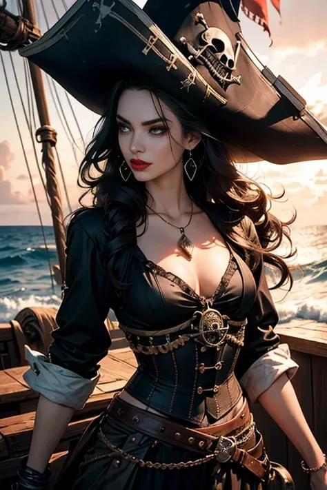 (a sexy pirate woman:1.1,long black hair:1.1,transparent t-shirt:1.1),detailed eyes and face,captivating smile,mesmerizing gaze,daring and confident expression,vibrant red lipstick,perfectly shaped eyebrows,fierce and intense look,beautifully styled hair,w...