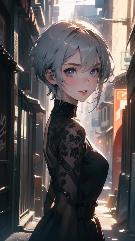 ((20 year old woman, Composition from head to stomach, upper body focus)), smile, detailed eyes, Nostalgic Fashion, Asymmetrical punk short hair:1.2, ash gray hair, A deserted back alley in Paris:1.3, cinematic lighting, anime style, simple lines,