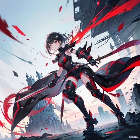 black hair，red eyes，short hair，sister head，earring ，Two white hairpins，Mechanical armor，fantasy style，high tech盔甲，high tech，whole body，stand on the ground，Katana in hand，Does not expose fingers，The background is the city，Blue sky and white clouds
