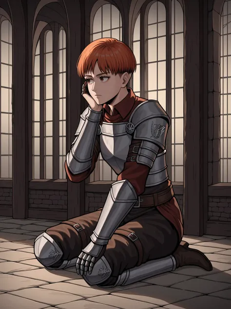 source_anime,score_9,score_8_up, BREAK, 1girl, solo, armor, fishscale armor, ripped clothes, attack on titan, ruined town, ruins, medieval, ((grim)), ((dark fantasy)), ((apathetic)), looking to the side, expressionless, closed mouth, ginger, short hair, pi...