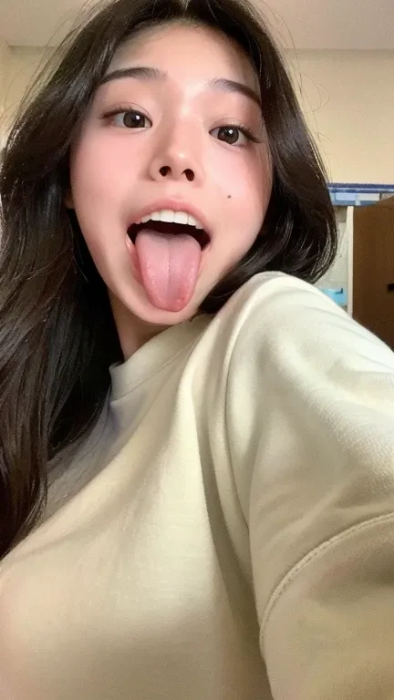 Japanese woman, beautiful girl, baby face, highest quality realistic skin, eyes in focus, 18 years old, high school student, female high school student, tongue out, focus on mouth, open mouth, long tongue, saliva, open mouth wide, inside of mouth visible, ...