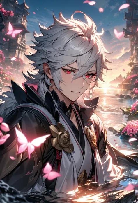 absurdres, highres, ultra detailed, HDR, master piece, best quality, Keaton, black and white hair, hair between the eyes, Fire emblem fates, 1man, extremely handsome, expressive red eyes, pink petals, pink butterflies, pink flowers, water