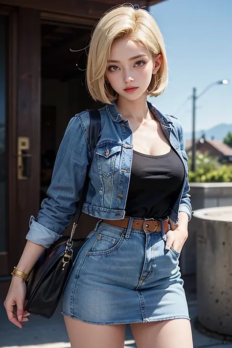 Hyper detailed image, UHD, 16k, professional photo, (Realistic photo of Android-18 from Dragon Ball Z) girl Goddess of beauty, very straight short blonde hair, serious face expression, (she wears a blue denim jacket and a cropped shirt , short white underg...