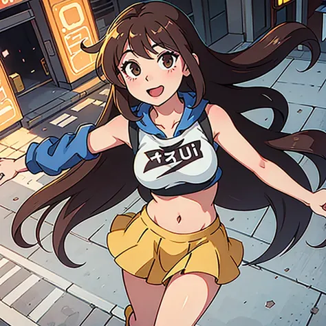 (best quality:0.8) perfect anime illustration, a pretty, happy woman with long brown hair on the street in the city, wearing a crop top hoodie, short skirt, slightly large breast