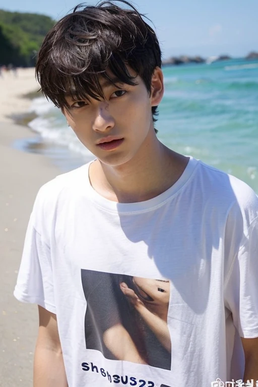 beach、play、wearing a t-shirt、Handsome guy、cute face、idol face、male、17 years old