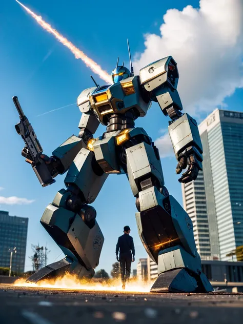 High resolution, null, cloud, gun weapon, shine, Cutting-edge robots, building, shine eyes, Cutting-edge Mecha, SF, city, genuine, Blue main mechanism, Heart,Like Poseidon,