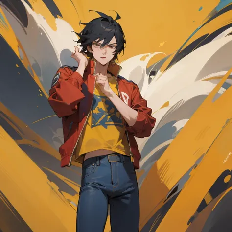 ((highest quality)), ((masterpiece)), (be familiar with), anime,youth,male,black hair,Triumphant look,jeans,red jacket,yellow t-shirt,