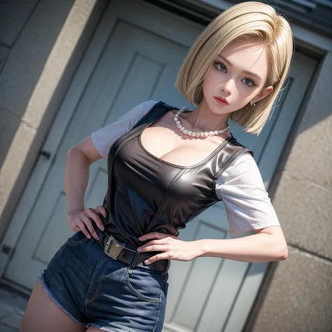 best qualtiy、Hi-Res、and18、1 girl、Android 18、solo、blonde  hair、narrow, blue eyes、a belt、JINS、Pearl Necklace、A bracelet、Black Gloves、white  shirt、short-hair、shortsleeves、earrings、Blue Pants、Open Best、Black vest, Colossal tits, cowboy  shot, Street, Straight,...