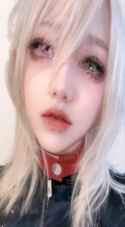 blond haired girl with a red collar and black eyeliners, ((red)) baggy eyes, anime vibes, shikamimi, anime girl in real life, sakimichan, red contact lenses, tifa lockhart with white hair, pretty anime face, cute natural anime face, anime inspired, luminou...