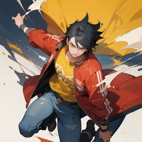 ((highest quality)), ((masterpiece)), (be familiar with), anime,youth,male,black hair,Triumphant look,jeans,red jacket,yellow t-shirt,action