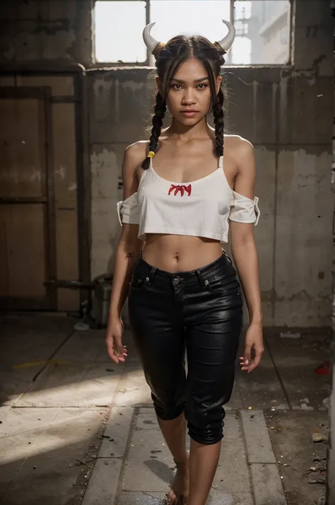 Zendaya, young devil woman, red skin, small white horns on her head, yellow glowing eyes, dark blue hair with a short bangs and long braids, photorealistic, full body, black pants and top, bare feet hyperrealism, 8k