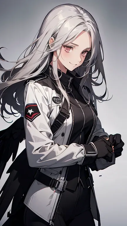 (confused, High resolution, Super detailed), 1 female, silver hair,long hair,reddish brown eyes,black pilot jacket,Black and white suit,20th generation,Beautiful woman,shy smile,thin,Are thin,quiet,Calm,Carrying a white raven,Accompanied by many white rave...