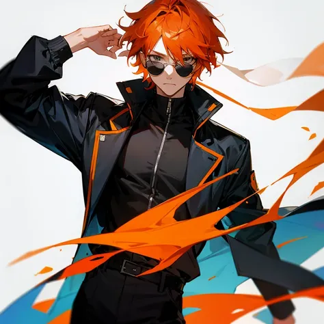 a white background white a man black jacket and orange hair with sunglasses in the head