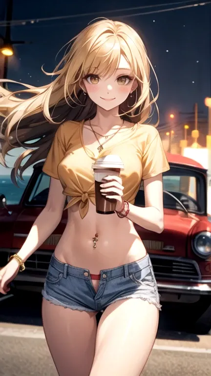 Vision flow of a beautiful woman walking along the seashore, Her transparent yellow T-shirt and faded, tattered white denim mini hotpants, Red car passing in the background, A world of sparkling lights.  Navel exposed look、Tie up your shirt、Disheveled long...