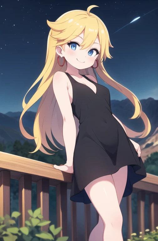 masterpiece, best quality, psgpanty, black dress, sleeveless, hoop earrings, bare shoulders, cleavage, night sky, hills and mountains, smile, blue eyes, standing on the railin