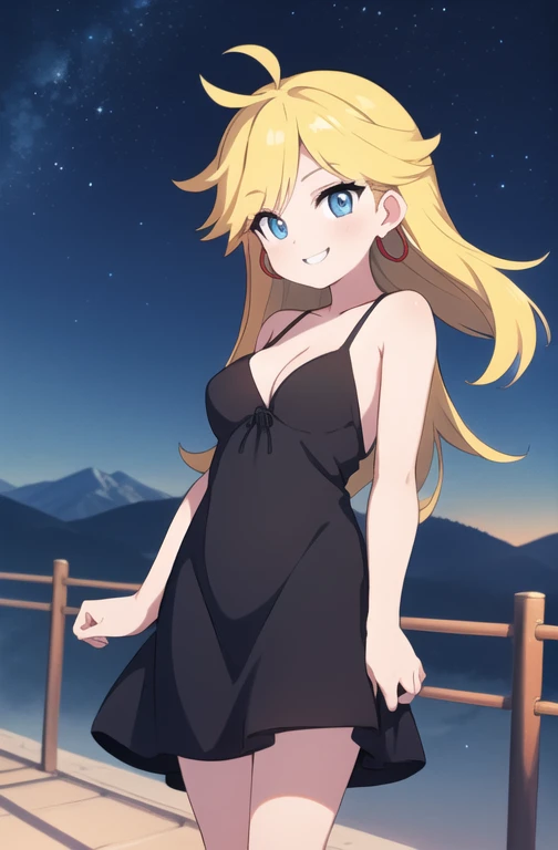 masterpiece, best quality, psgpanty, black dress, sleeveless, hoop earrings, bare shoulders, cleavage, night sky, hills and mountains, smile, blue eyes, standing on the railin