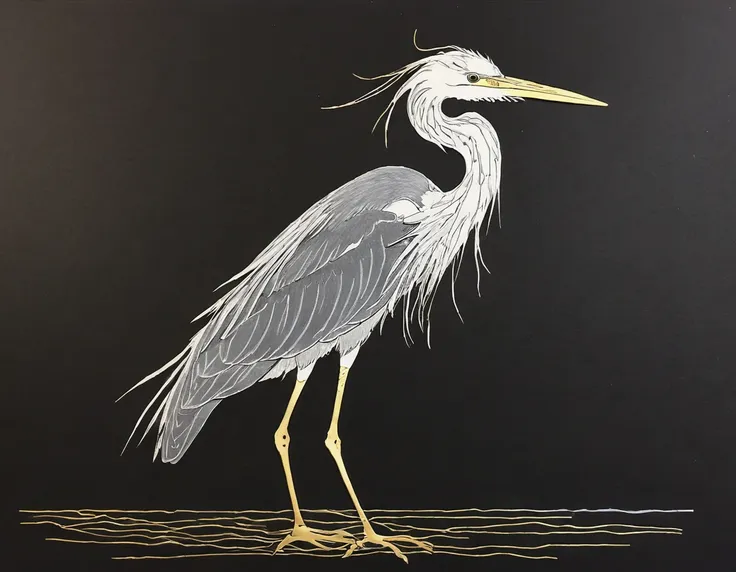 A careless sketch with a gold paint marker in one line, on black paper. The Heron from the anime "Boy and Bird" by Hayao Miyazaki. High Resolution, High Quality, Masterpiece