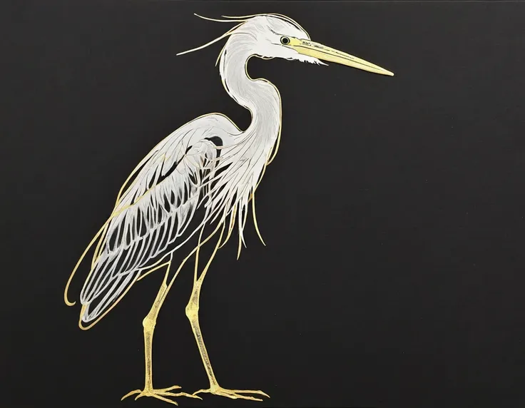 A careless sketch with a gold paint marker in one line, on black paper. The Heron from the anime "Boy and Bird" by Hayao Miyazaki. High Resolution, High Quality, Masterpiece