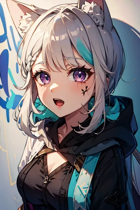 masterpiece, high quality, highres, absurdres, ultra-detailed, 8k, 1girl, platinum grey hair, blue hair, multicolored hair, gradient hair, looking at viewer, colorful eyes, colorful hoodie, (graffiti murals wall background:1.15), brilliant colorful paintin...