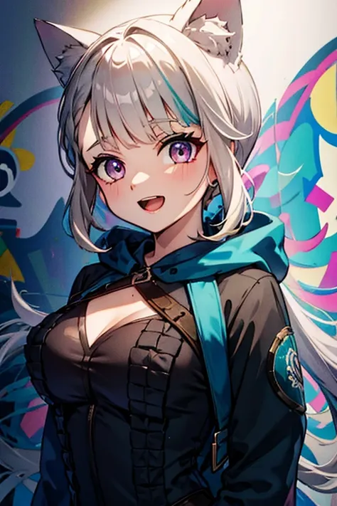 masterpiece, high quality, highres, absurdres, ultra-detailed, 8k, 1girl, platinum grey hair, blue hair, multicolored hair, gradient hair, looking at viewer, colorful eyes, colorful hoodie, (graffiti murals wall background:1.15), brilliant colorful paintin...