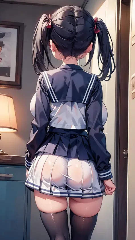 highest quality,wonderful,finely,extremely detailed CG Unity 8K wallpaper, (sex from behind:1.2), (1 girl, black hair,twin tails, clothed),(huge breasts:1.1),(sailor suit:1.3), (zettai ryouiki:1.4),(from behind:1.3)