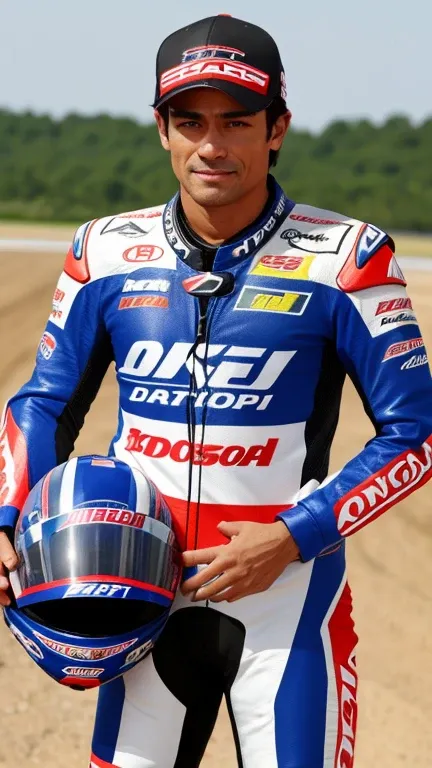 he is wearing motogp suit standing on rock