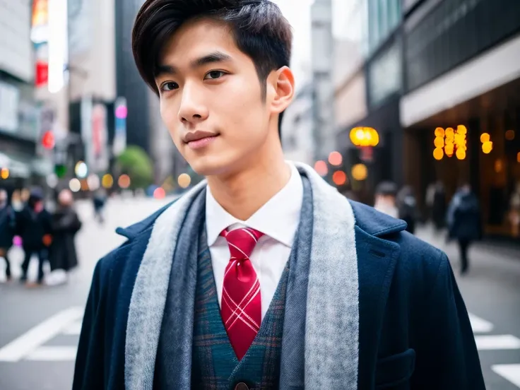 Realism, 8K full body portrait, a handsome guy, 20 year old man,Tokyo street background during daytime. charming expression, Detailed facial details, Tokyo eight cities, Winters, Shibuya background