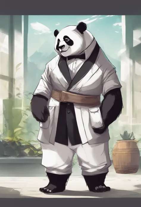 anthropomorphic panda, de cuerpo entero, vestido formalmente con un blazer, sostiene una bandeja, pegatina de panda, sticker de panda.