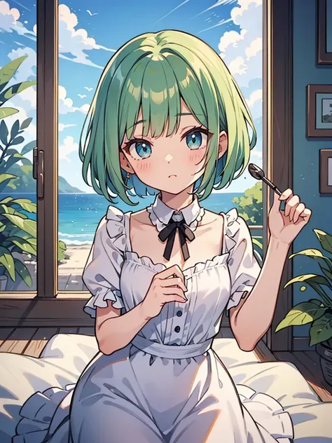 masterpiece, beautiful illustrations, highest quality, pretty girl, 1girl, Bedroom, pastel colour, frilled dress, (Spring Green bob cut), bright lighting, sky-blue eyes