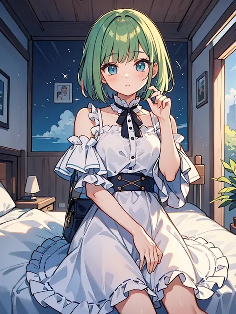 masterpiece, beautiful illustrations, highest quality, pretty girl, 1girl, Bedroom, pastel colour, frilled dress, (Spring Green bob cut), bright lighting, sky-blue eyes