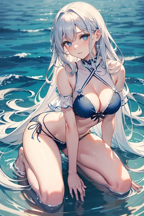 A high resolution, Super Detail, High resolution, animesque, Manga, illustratio, Baby Doll Dresses, SPEEDLINE, Beautiful woman, Adult face, make up, Ecstatic expression, Amorous expression, Seductive look, Flowing layered messy wavy white medium hair, big ...