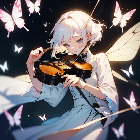 White-haired girl playing the violin。Butterflies flying around