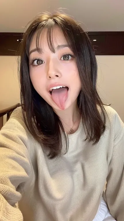 Japanese woman beautiful girl baby face top quality realistic skin eyes are in focus 20 years old stick out tongue focus on mouth open mouth long tongue saliva open mouth wide see inside of mouth open mouth and stick out tongue 