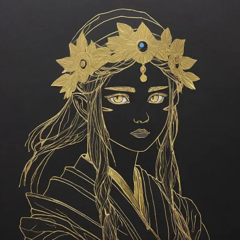 a careless sketch with a gold paint marker in one line, on black paper. mononoke-hime from the anime by hayao miyazaki. high res...