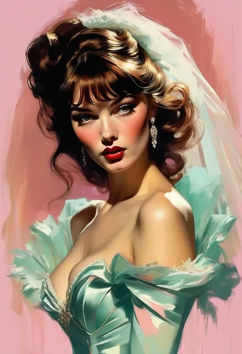 (thick and bold) ink sketch technique on sensual illustration of an elegant bride (((medium hair with bangs:1.4、Beautiful bangs) , vintage ,silky dress, matte painting, by John Singer Sargent, by Harumi Hironaka, extremely soft colors, dark fashion , Tiffa...