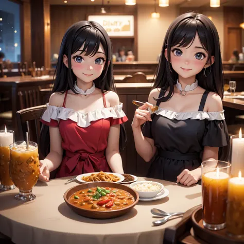 Sitting in a western restaurant((Curry rice))eat(2 girls)　(a smile)　off shoulder top　spoon　dim lights　(starry sky)　full-body shot 　in distance　Matte texture shallow depth of field　pixiv style　wide angle　from above　anime one