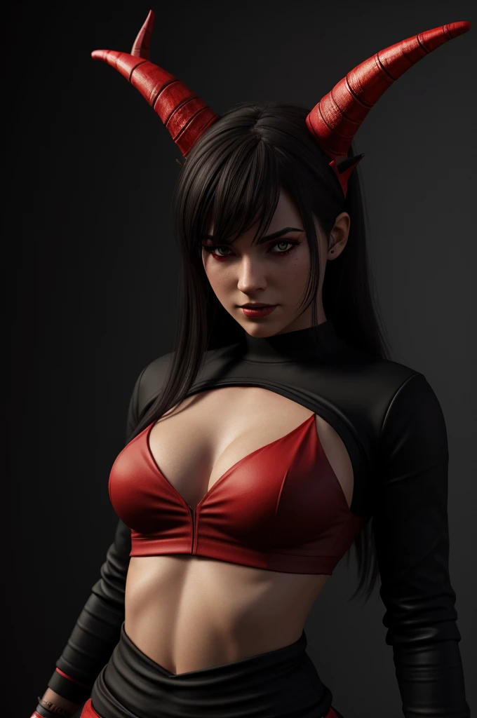 a red and black devil girl with horns and horns on her head and a black shirt on her body, Cedric Seaut (Keos Masons), photorealism, deviantart artstation, a 3D render