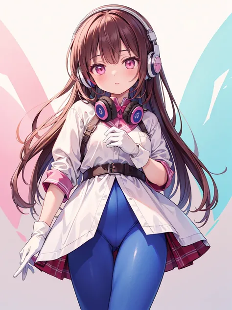 masterpiece, highest quality, High resolution, 1 girl, Super High resolution, alone, d.and, headphones, pink eyes, Blue tights, brown hair, white gloves