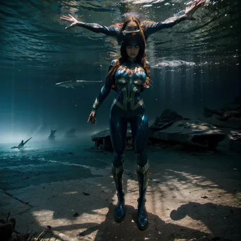 Aquamans sister, dressed in a similar costume, is training a pack of sharks deep underwater