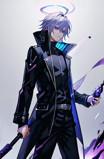 fantasy anime man wearing a black jacket and carrying a black baseball bat and giving off a blue light. emitting a purple aura. with gray hair while holding out his hand