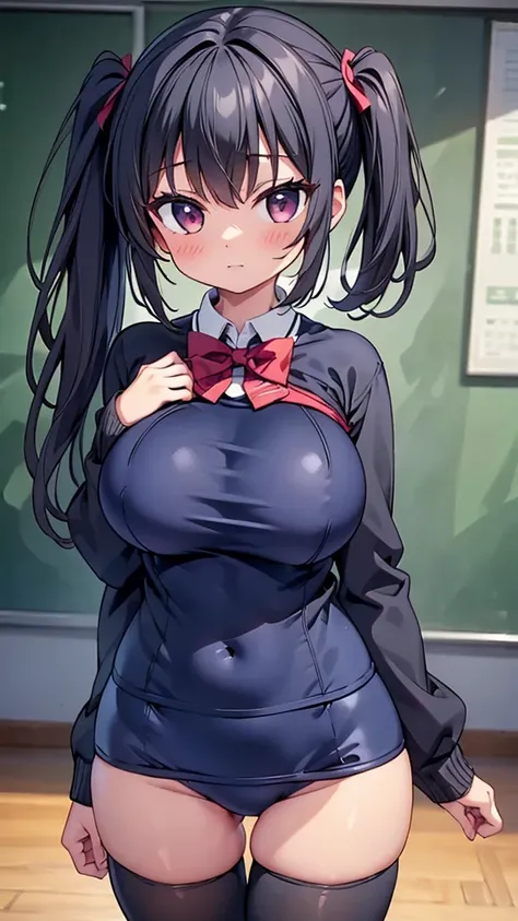 highest quality,wonderful,finely,extremely detailed CG Unity 8K wallpaper, (1 girl, black hair, side ponytail, clothed),(huge breasts:1.1),(school swimsuit:1.3), (zettai ryouiki:1.4)