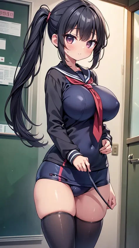 highest quality,wonderful,finely,extremely detailed CG Unity 8K wallpaper, (1 girl, black hair, side ponytail, clothed),(huge breasts:1.1),(school swimsuit:1.3), (zettai ryouiki:1.4)