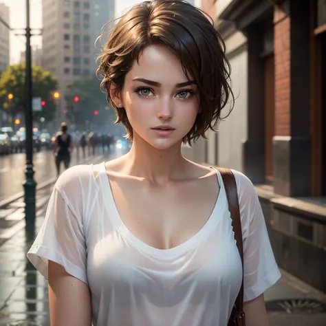 beautiful Shailene Woodley in a wet white T-shirt on the street, Wet through, short hair, hair in different directions, looking at viewer, eyeliner, hdr, rim light, chest, full face, high quality, detailed face, (Masterpiece:1.3), (best quality:1.3),