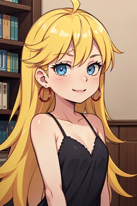 masterpiece, best quality, solo, 1 girl, psgpanty, black dress, blue eyes, long hair, blonde hair, hoop earrings, upper body, collarbone, little sleeveless black dress, parody, indoors, smile, being seductive 