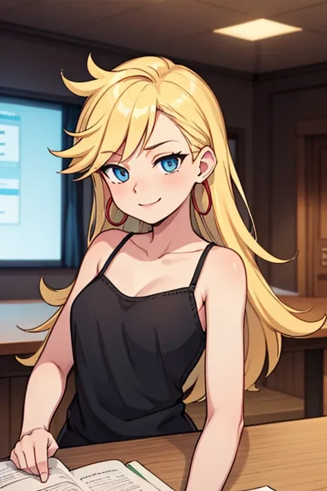 masterpiece, best quality, solo, 1 girl, psgpanty, black dress, blue eyes, long hair, blonde hair, hoop earrings, upper body, collarbone, little sleeveless black dress, parody, indoors, smile, being seductive 