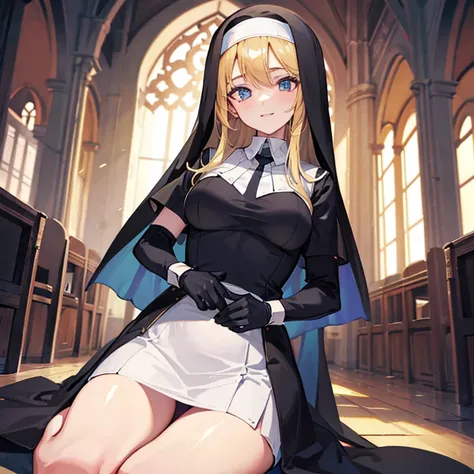 1 girl，alone，nun，breast，Wearing nun clothes，in the church ，evil smile，Gloves