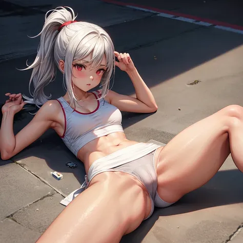 14 years old, school girl, sports bra, short , ponytail, fit clothes, red eyes, silver hair, camel toe,Lying with legs spread, Translucent dress,